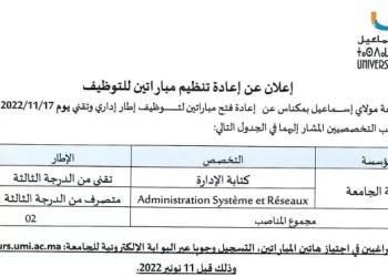 جامعة مولاي اسماعيل - مكناس: مباراة توظيف إطار إداري و تقني. آخر أجل لإيداع الترشيحات 10 نونبر 2022