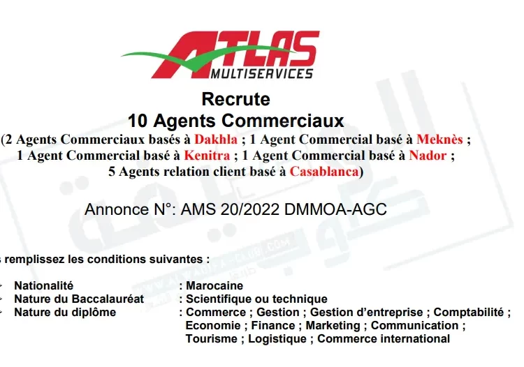 Atlas Multiservices recrute Agents commercial