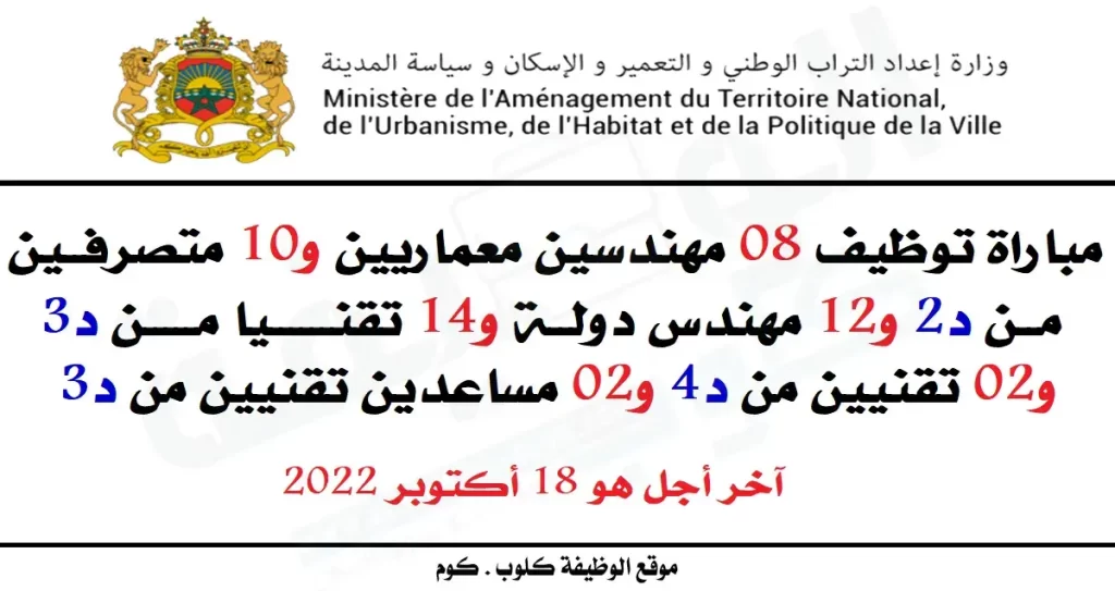 مباراة توظيف 48 منصب بقطاع التعمير هندسين ومتصرفين وتقنيين ومساعدي تقنيين في مختلف التخصصات برسم سنة 2022