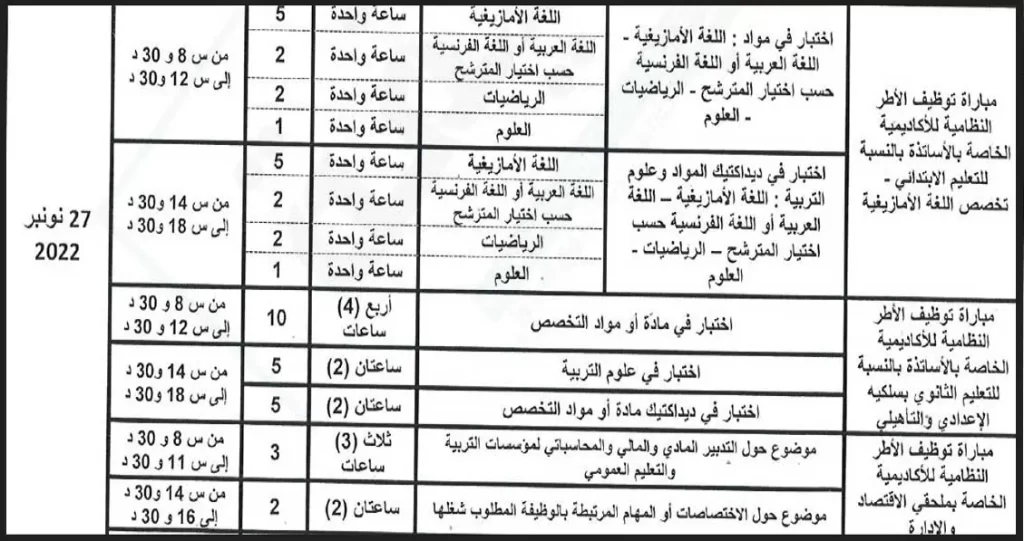 مواقيت اجراء الاختبارات الكتابية لمباراة التعليم 2022-2023
