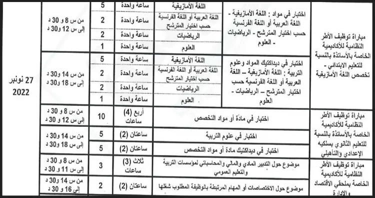 مواقيت اجراء الاختبارات الكتابية لمباراة التعليم 2022-2023