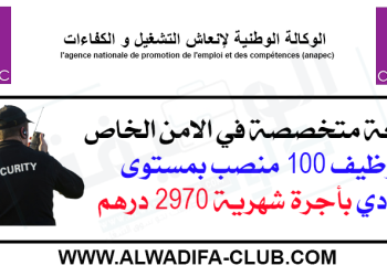 شركة متخصصة في الامن الخاص توظيف 100 منصب Agents De Surveillance بمستوى إعدادي بأجرة شهرية 2970.05 درهم