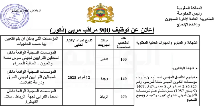 مباراة إدارة السجون 2023 توظيف 900 مراقب مربي ذكور