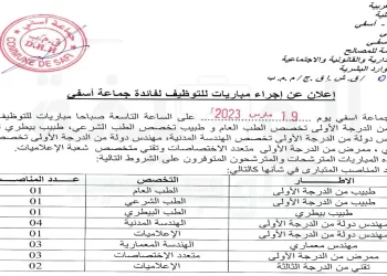 مباراة التوظيف بجماعة أسفي إقليم أسفي 2023
