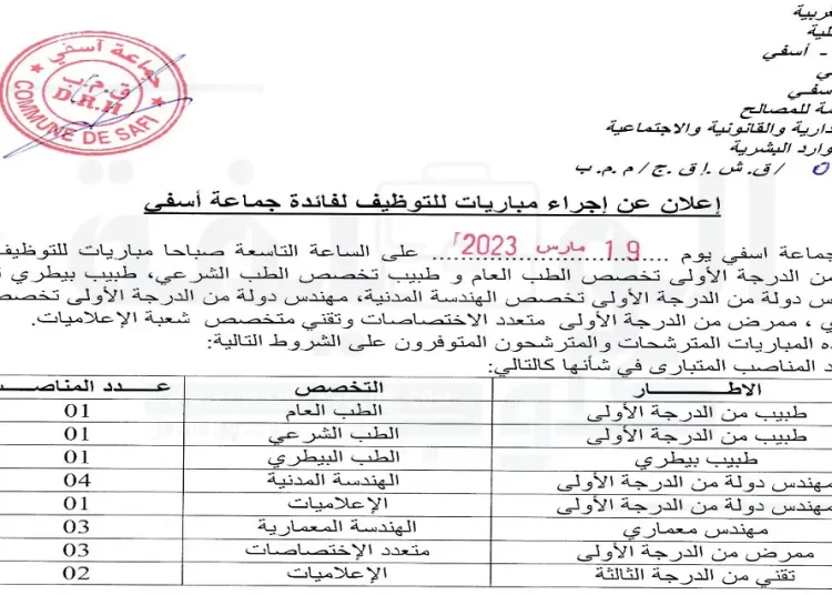 مباراة التوظيف بجماعة أسفي إقليم أسفي 2023