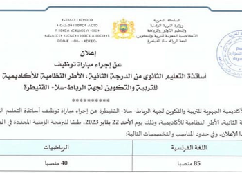 مباراة توظيف 125 أستاذا من الدرجة الثانية بالأكاديمية الجهوية للتربية والتكوين لجهة الرباط سلا القنيطرة