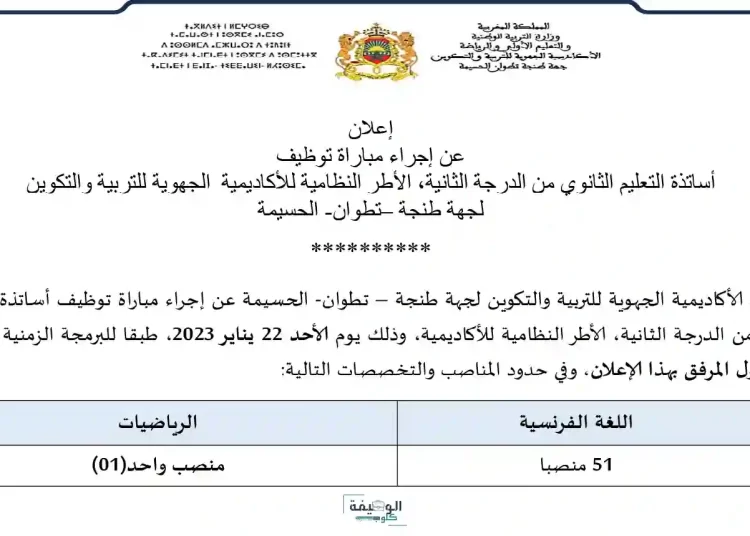 مباراة توظيف 52 أستاذ من الدرجة الثانية بالأكاديمية الجهوية للتربية والتكوين لجهة طنجة تطوان الحسيمة آخر أجل هو19 يناير 2023