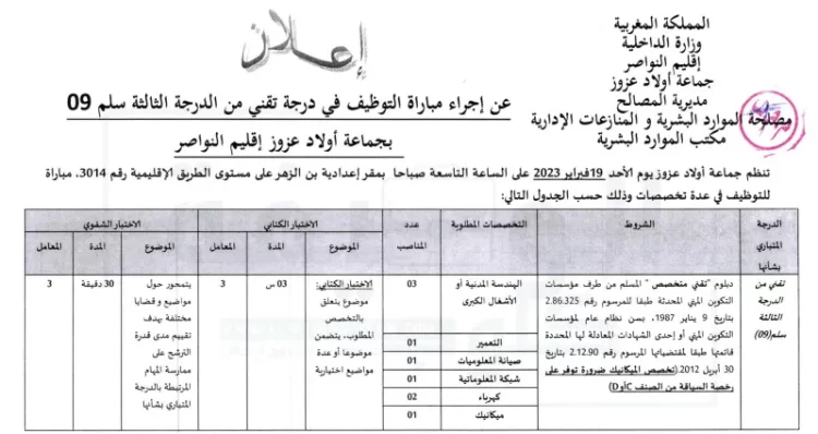مباراة جماعة أولاد عزوز 2023 لتوظيف 09 تقنيين من الدرجة الثالثة