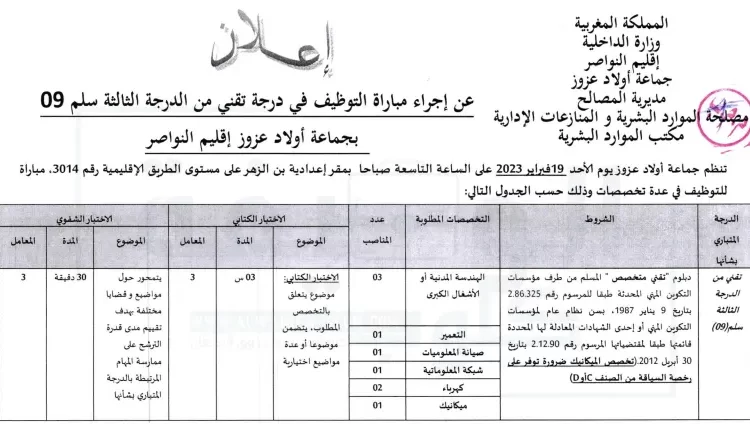 مباراة جماعة أولاد عزوز 2023 لتوظيف 09 تقنيين من الدرجة الثالثة