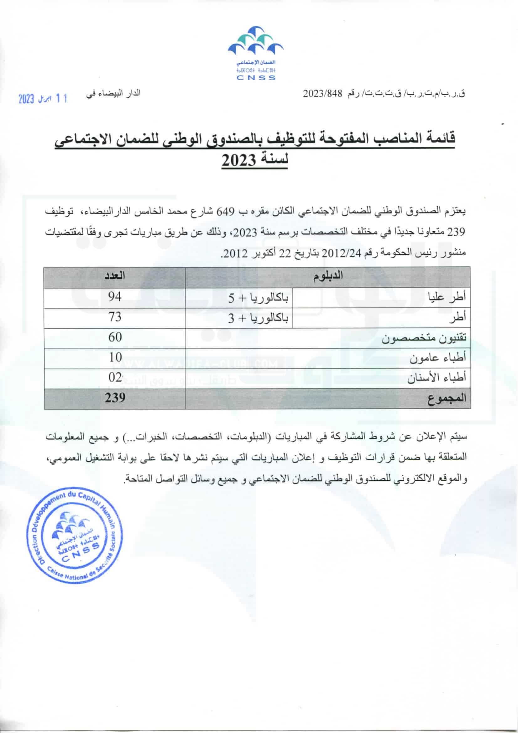 قائمة المناصب المفتوحة للتوظيف بالصندوق الوطني للضمان الاجتماعي 2023