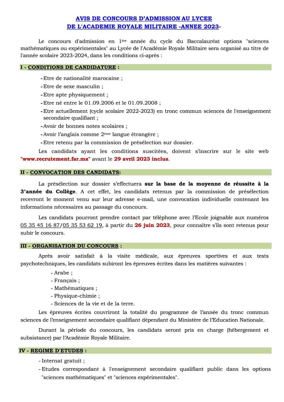 Concours d’admission au Lycée de l’Académie Royale Militaire 2023