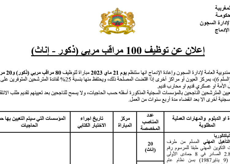 مباراة توظيف 100 مراقب مربي ذكور وإناث بإدارة السجون آخر أجل 13 ماي 2023