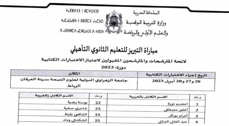 نتائج مباراة التبريز للتعليم الثانوي التأهيلي -دورة 2023-