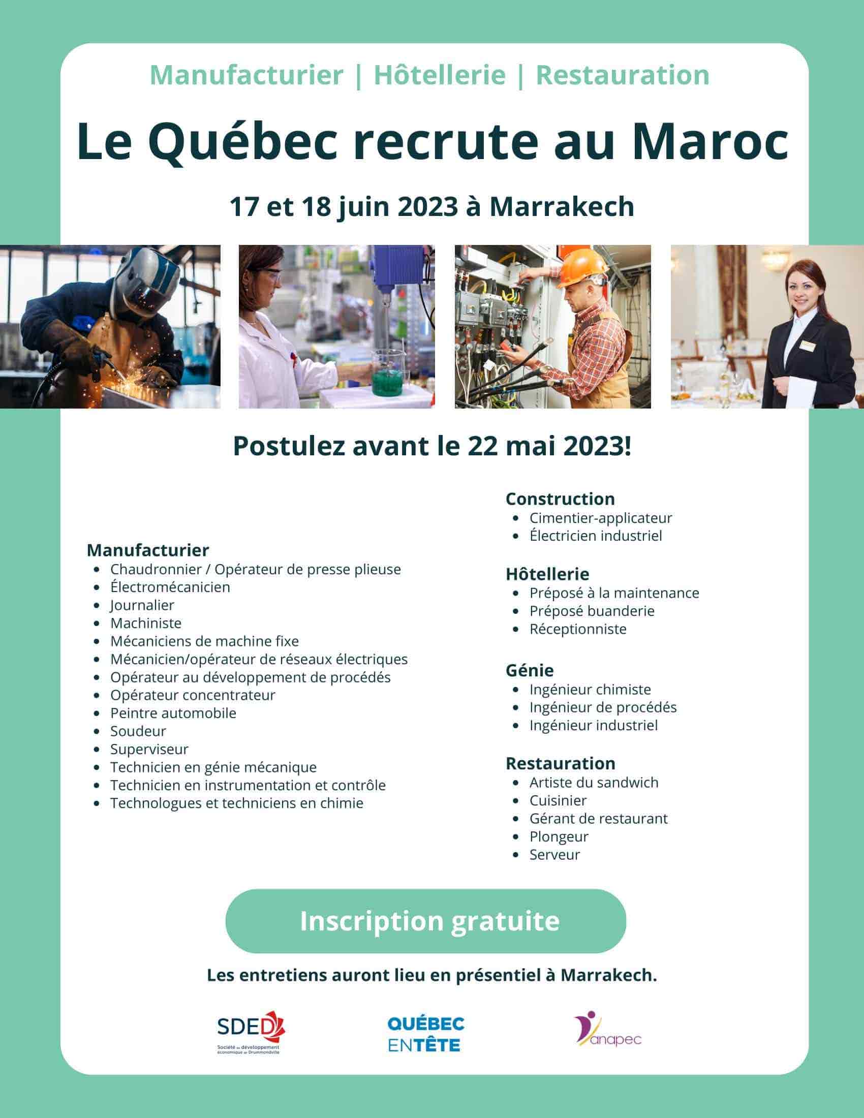 Détails des postes à pourvoir Québec en Tête Maroc 2023
