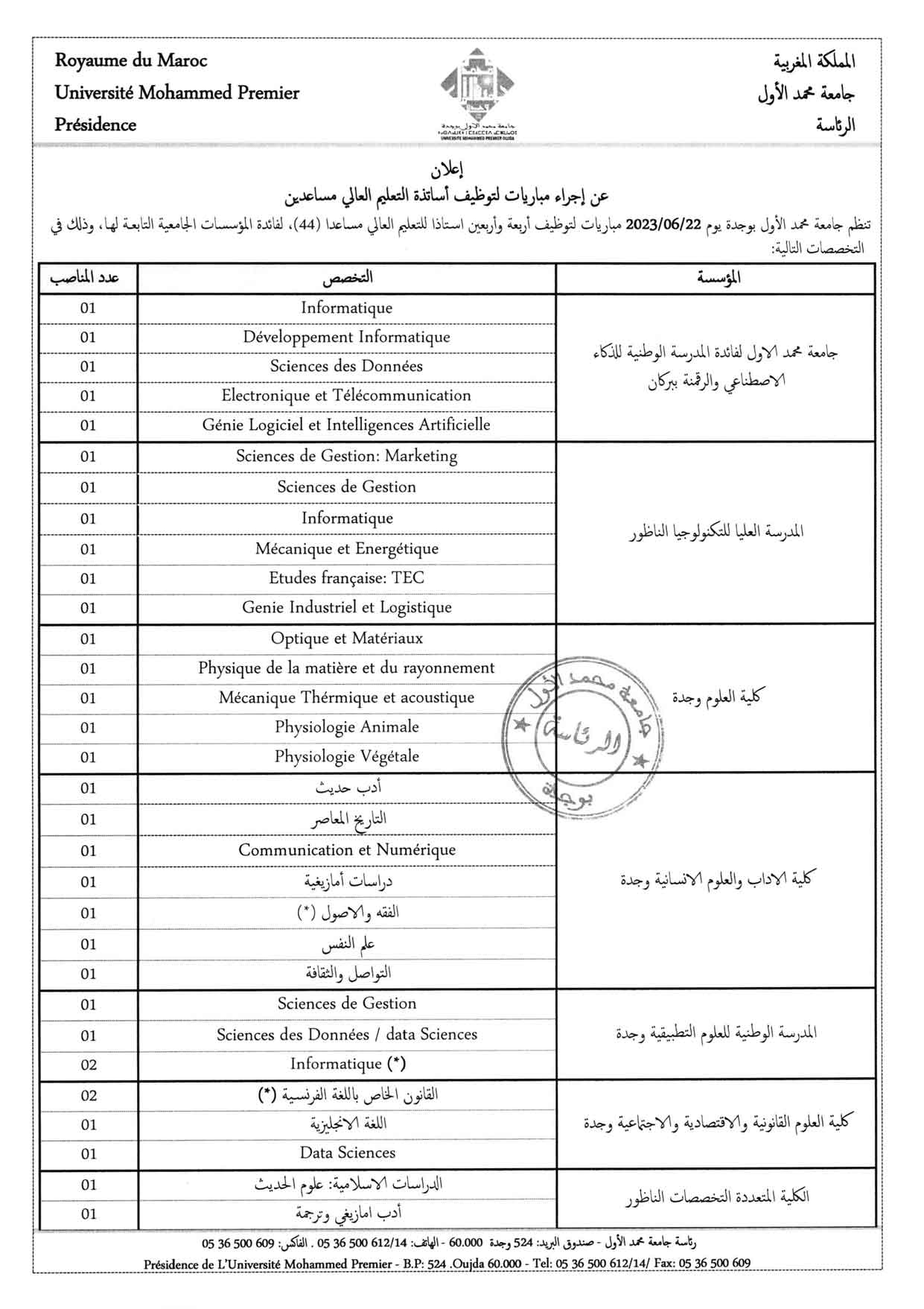 مباراة توظيف 44 أستاذ التعليم مساعد بجامعة محمد الاول بوجدة 2023