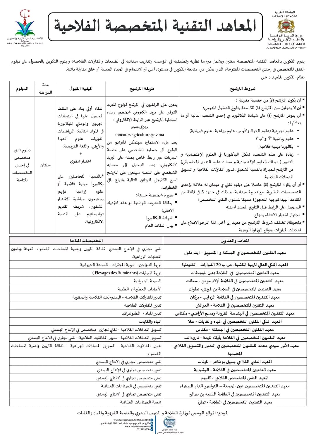 التسجيل في المعاهد الفلاحية وتخصصات مختلف المعاهد الفلاحية بالمغرب 2023