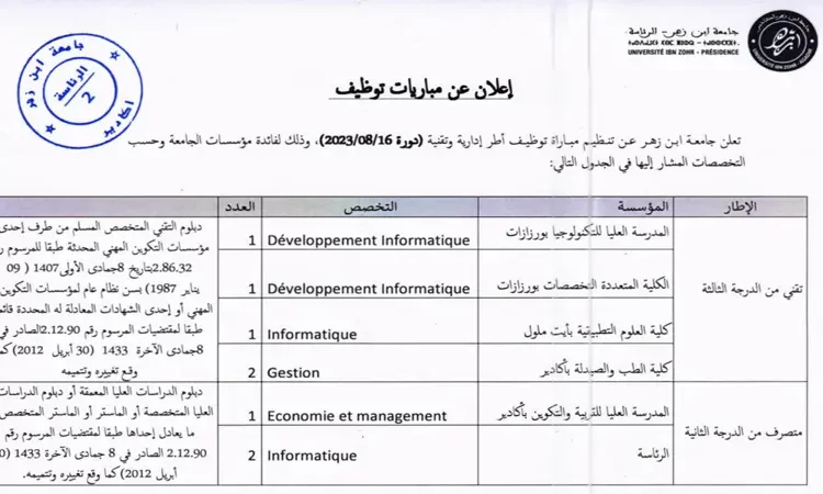 مباراة توظيف 8 اطر ادارية وتقنية بجامعة ابن زهر اكادير