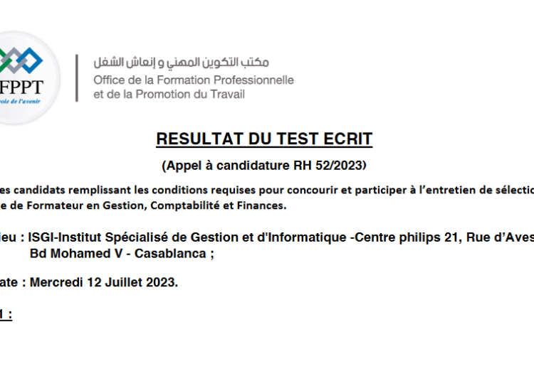 لائحة المدعوين لإجراء الاختبار الشفوي لمباراة توظيف 60 مكون في التدبير و المحاسبة بمكتب التكوين المهني وإنعاش الشغل 2023