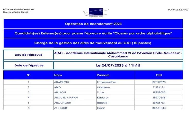 لائحة المدعوين لاجتياز الاختيار الكتابي لمباراة توظيف 151 منصبا بالمكتب الوطني للمطارات 25 يوليوز 2023