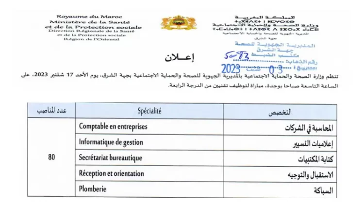 المديرية الجهوية للصحة والحماية الاجتماعية جهة الشرق: مباراة توظيف 80 تقني من الدرجة الرابعة. آخر أجل هو 22 غشت 2023