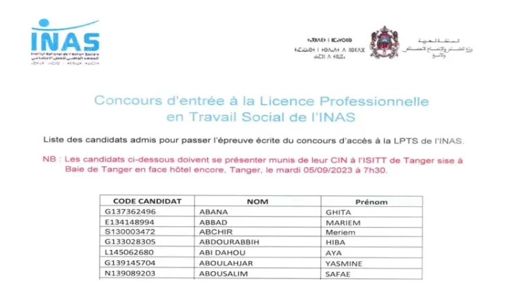 نتائج الانتقاء الاجازة المهنية المعهد الوطني للعمل الاجتماعي بطنجة INAS 2023-2024