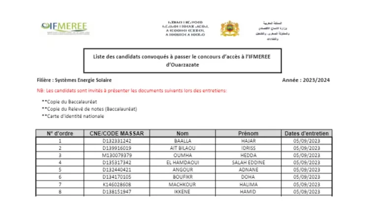 نتائج الانتقاء لولوج معهد الطاقات المتجددة والنجاعة الطاقية 2023-2024 Résultats Présélection IFMEREE