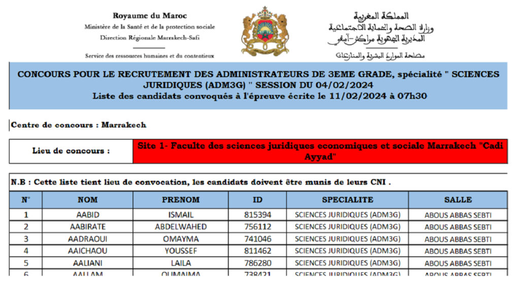 وزارة الصحة والحماية الاجتماعية - المديرية الجهوية مراكش أسفي: لائحة المدعوين لإجراء مباراة 60 متصرف من الدرجة الثالثة ليوم 11 فبراير 2024