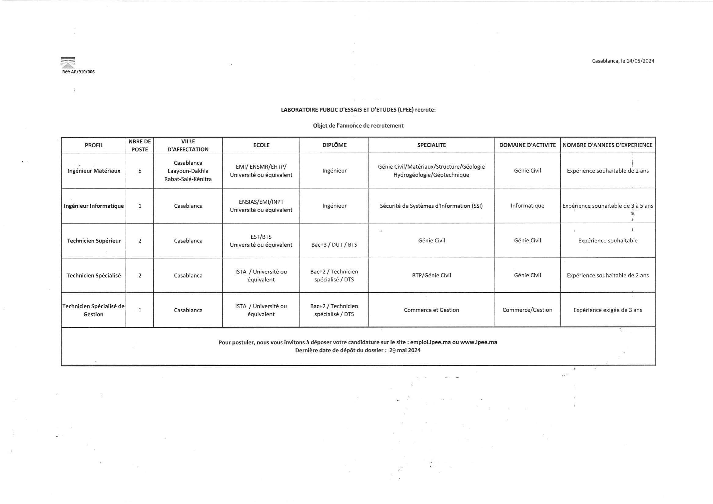 Concours-de-Recrutement-LPEE-2024-11-Postes مباراة توظيف 11 منصب بالمختبر العمومي للتجارب والدراسات 2024