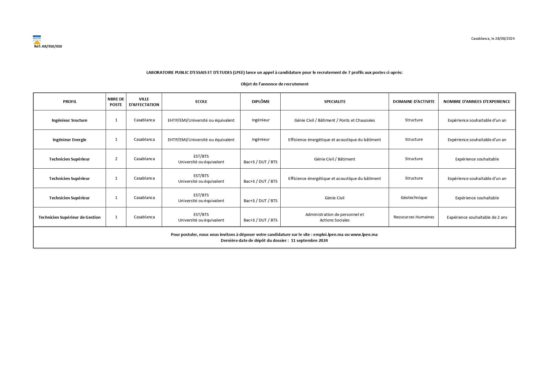 Annonce_LPEE_101_page-0001 مباراة توظيف 07 مناصب في عدة تخصصات. آخر أجل هو 11 شتنبر 2024