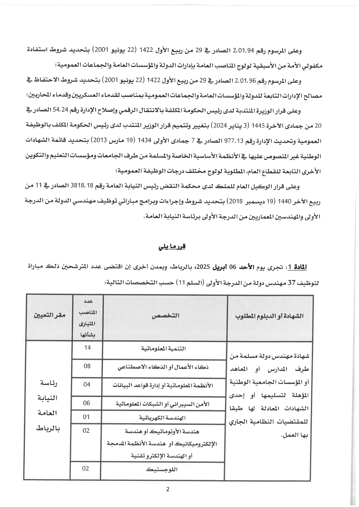 إعلان مباراة 37 مهندسي دولة من الدرجة الأولى رئاسة النيابة العامة 2025 إعلان مباراة 37 مهندسي دولة من الدرجة الأولى رئاسة النيابة العامة 2025