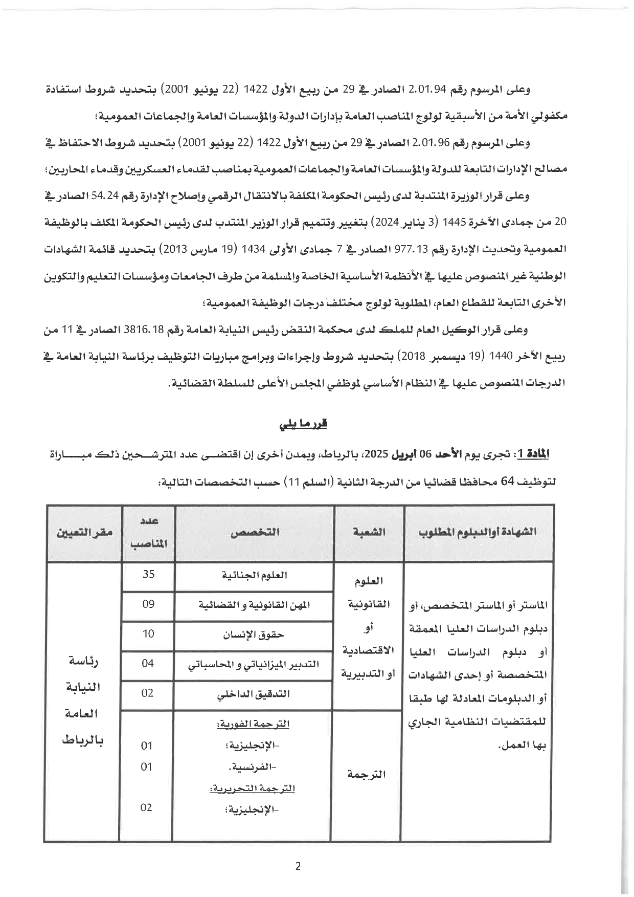 إعلان مباراة 64 محافظ قضائي من الدرجة الثانية برئاسة النيابة العامة 2025  إعلان مباراة 64 محافظ قضائي من الدرجة الثانية برئاسة النيابة العامة 2025