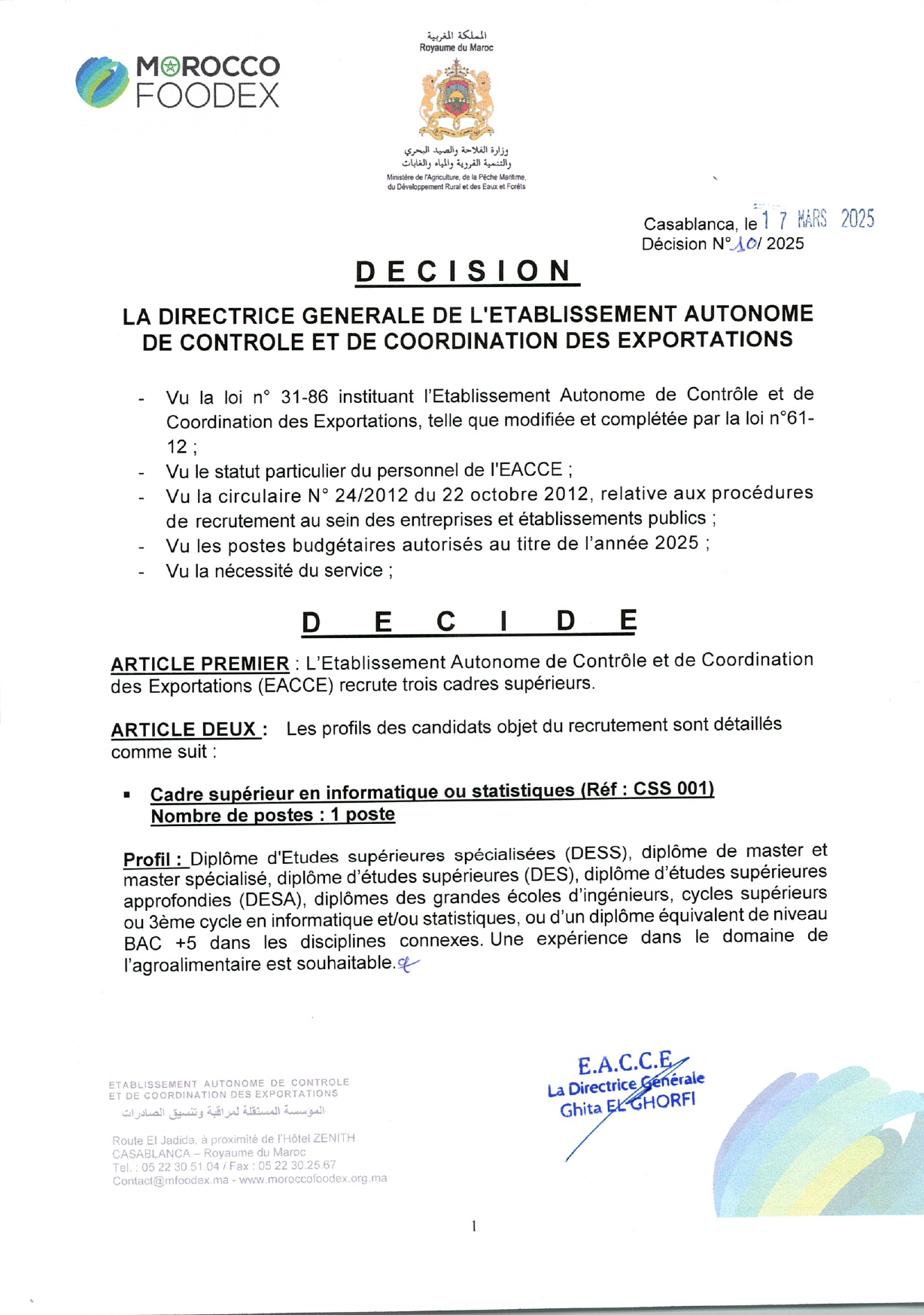 Offre d’emploi 2025 – Recrutement de Cadres Supérieurs chez Morocco Foodex Offre d’emploi 2025 – Recrutement de Cadres Supérieurs chez Morocco Foodex