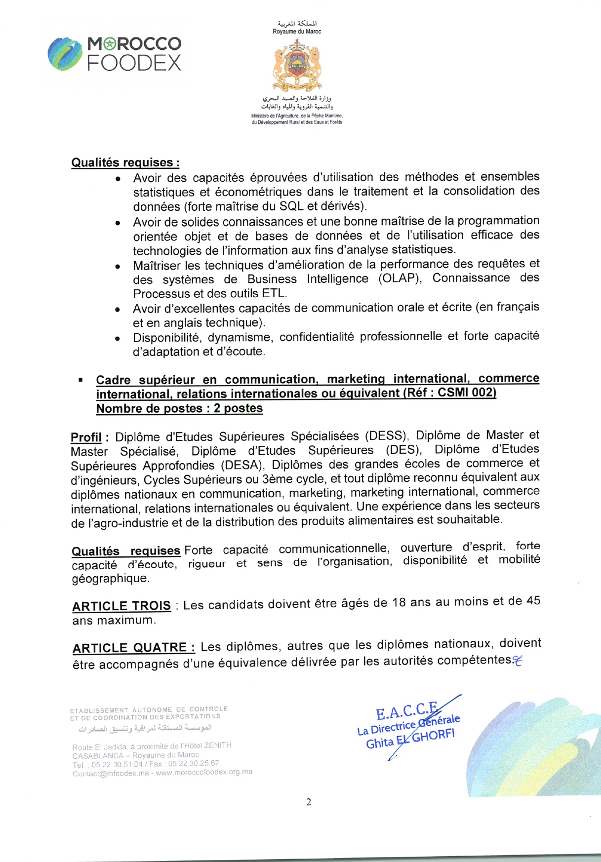 Offre d’emploi 2025 – Recrutement de Cadres Supérieurs chez Morocco Foodex Offre d’emploi 2025 – Recrutement de Cadres Supérieurs chez Morocco Foodex