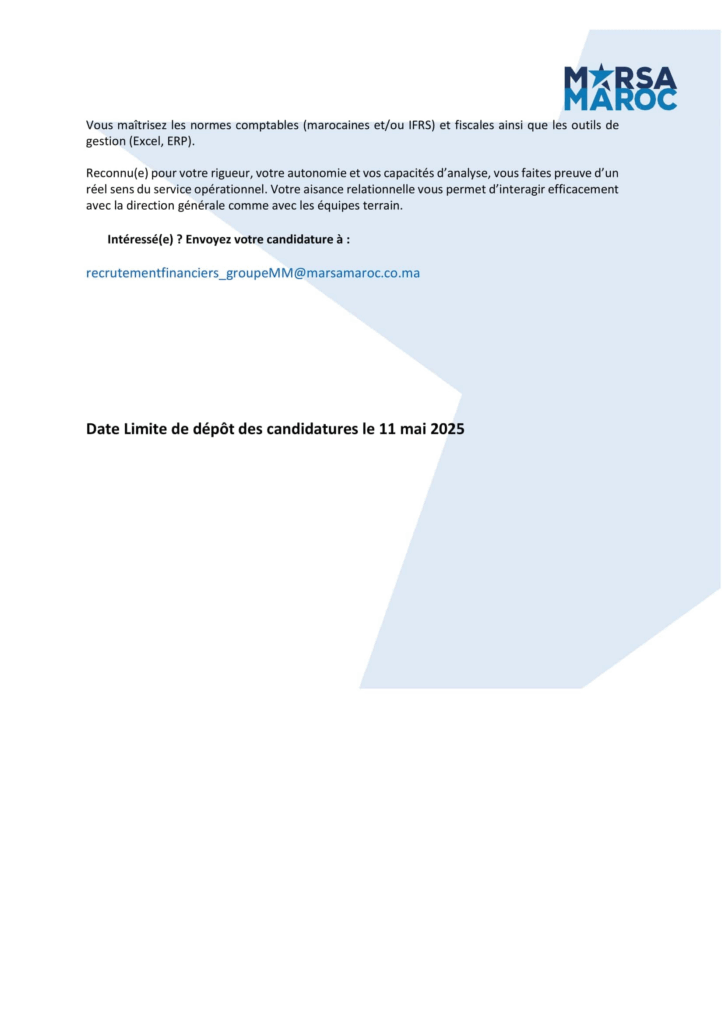 شركة Marsa Maroc تعلن عن توظيف مسؤولين ماليين لعدة موانئ بالمملكة شركة Marsa Maroc تعلن عن توظيف مسؤولين ماليين لعدة موانئ بالمملكة