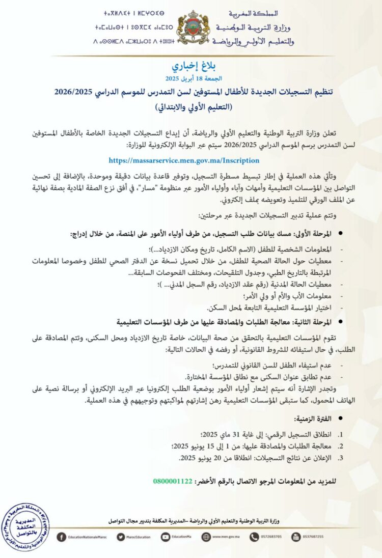 بلاغ بخصوص تنظيم التسجيلات الجديدة للأطفال المستوفين لسن التمدرس 2025-2026 (التعليم الأولي والابتدائي) بلاغ بخصوص تنظيم التسجيلات الجديدة للأطفال المستوفين لسن التمدرس 2025-2026 (التعليم الأولي والابتدائي)