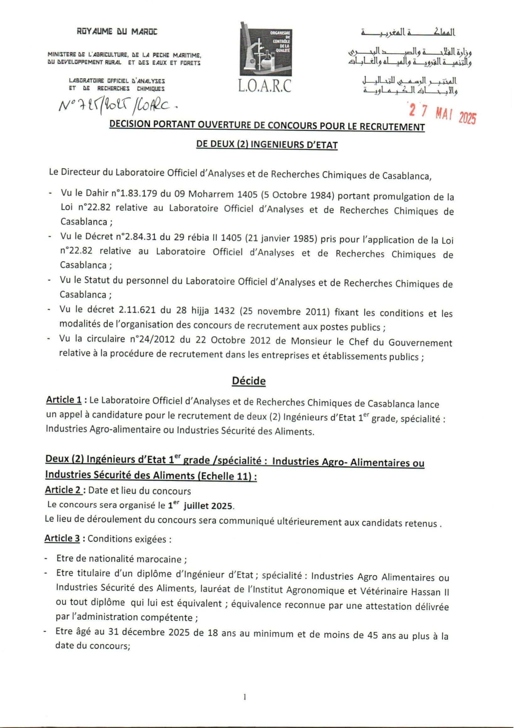 Avis de Concours (2) Ingénieurs d’Etat 1er grade Avis de Concours (2) Ingénieurs d’Etat 1er grade