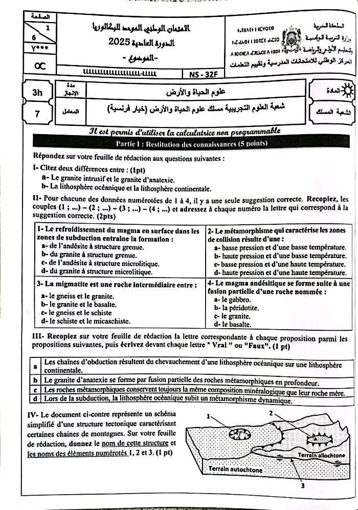 الامتحان الوطني علوم الحياة والارض 2025 شعبة العلوم التجريبية مسلك علوم الحياة والارض الامتحان الوطني علوم الحياة والارض 2025 شعبة العلوم التجريبية مسلك علوم الحياة والارض
