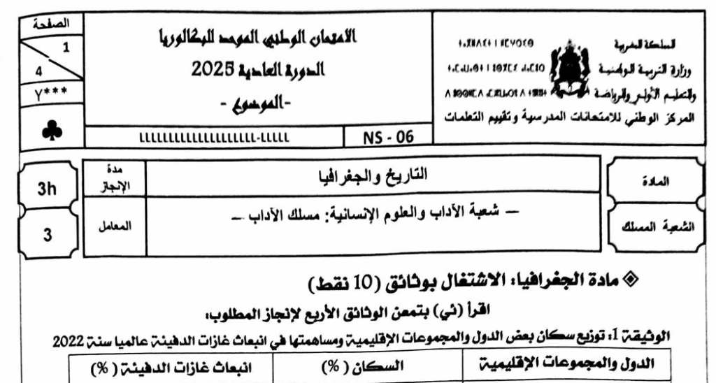 الامتحان الوطني الاجتماعيات 2025 مسلك الاداب