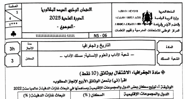 الامتحان الوطني الاجتماعيات 2025 مسلك الاداب