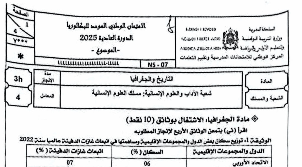 الامتحان الوطني الاجتماعيات 2025 مسلك العلوم الانسانية