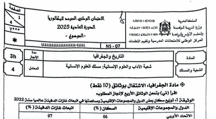 الامتحان الوطني الاجتماعيات 2025 مسلك العلوم الانسانية