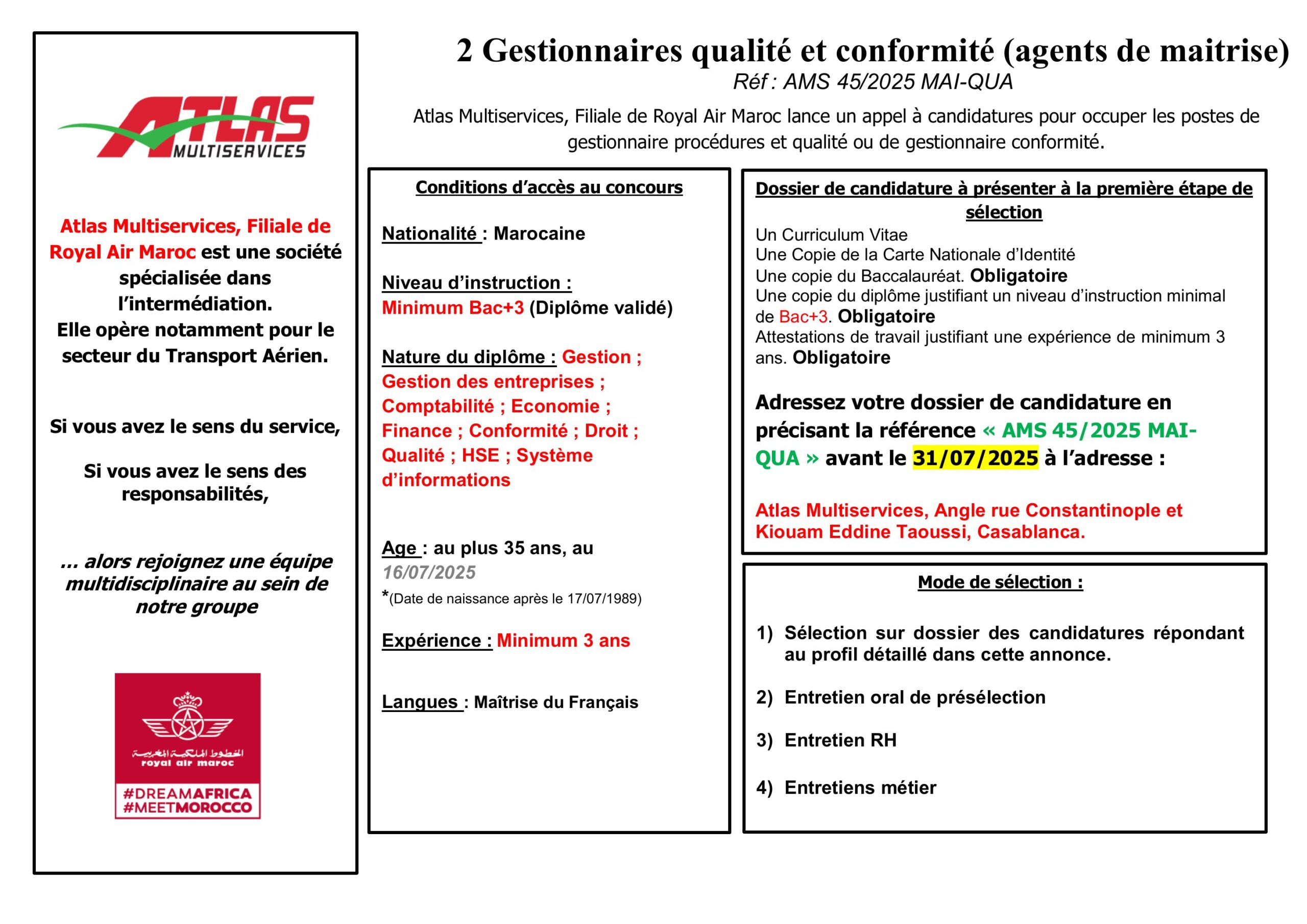 Concours Atlas Multiservices 2025 (5 Agents de Maitrise) Concours Atlas Multiservices 2025 (5 Agents de Maitrise)