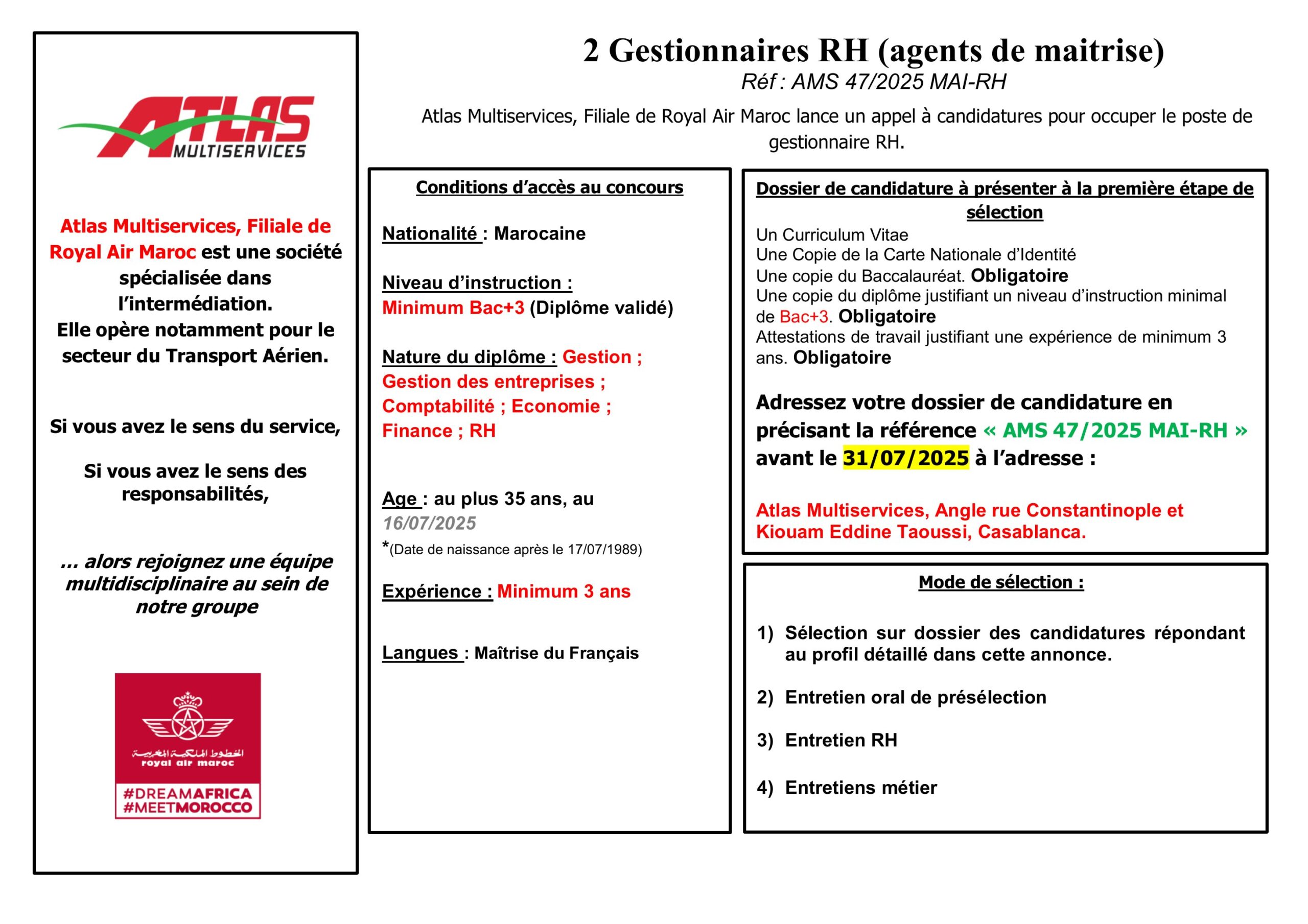 Concours Atlas Multiservices 2025 (5 Agents de Maitrise) Concours Atlas Multiservices 2025 (5 Agents de Maitrise)