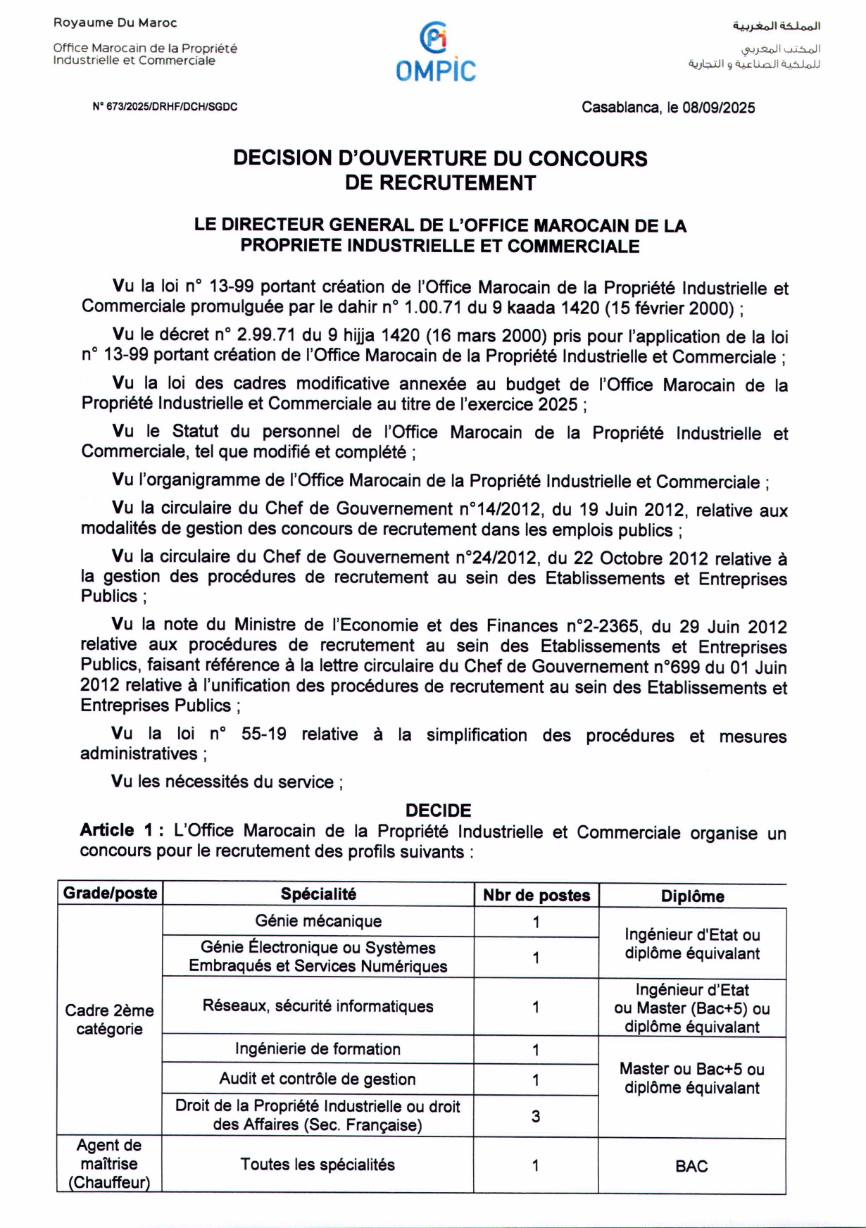 Concours OMPIC 2025 (9 Postes) Concours OMPIC 2025 (9 Postes)