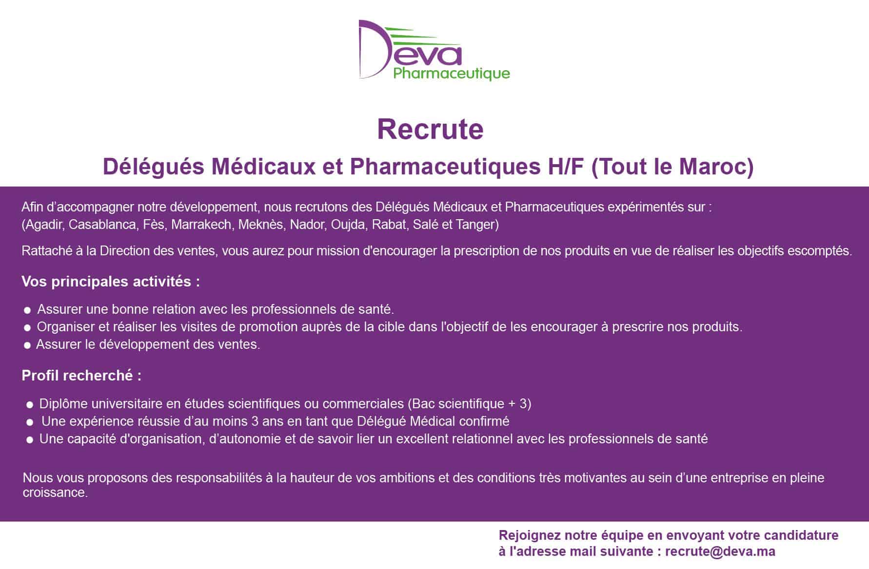 Deva Pharmaceutique recrute des Délégués Médicaux Deva Pharmaceutique recrute des Délégués Médicaux