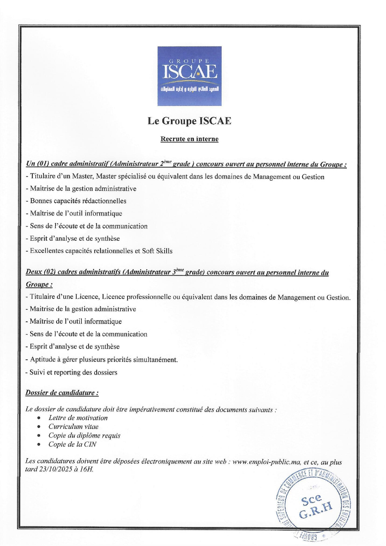 Concours de Recrutement Groupe ISCAE 2025 (6 postes) Concours de Recrutement Groupe ISCAE 2025 (6 postes)