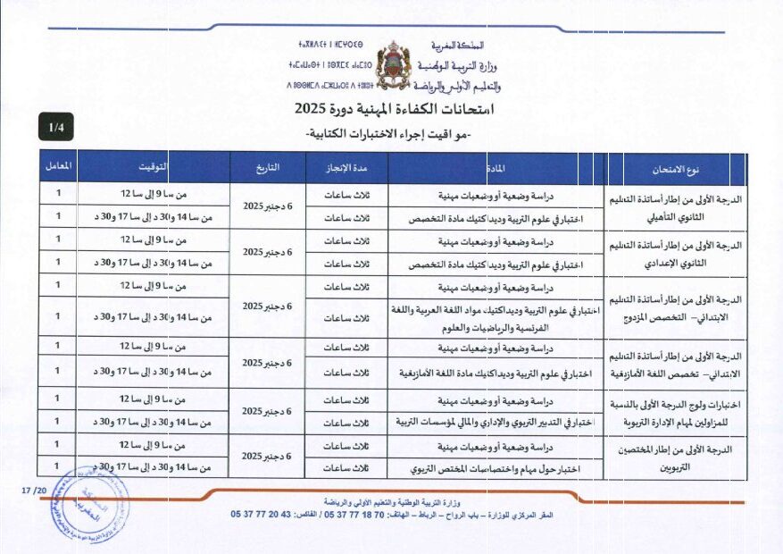 مواقيت اجراء الاختبارات الكتابية لامتحانات الكفاءة المهنية برسم سنة 2025