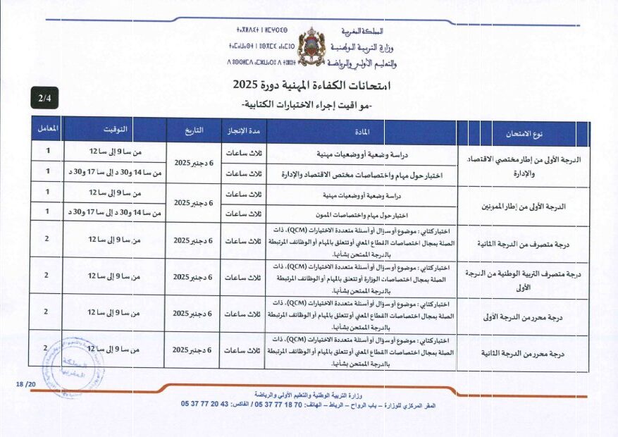 مواقيت اجراء الاختبارات الكتابية لامتحانات الكفاءة المهنية برسم سنة 2025