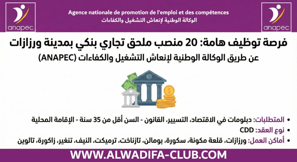 أنابيك ورزازات: توظيف 20 موظفاً بنكياً في عدة مناطق