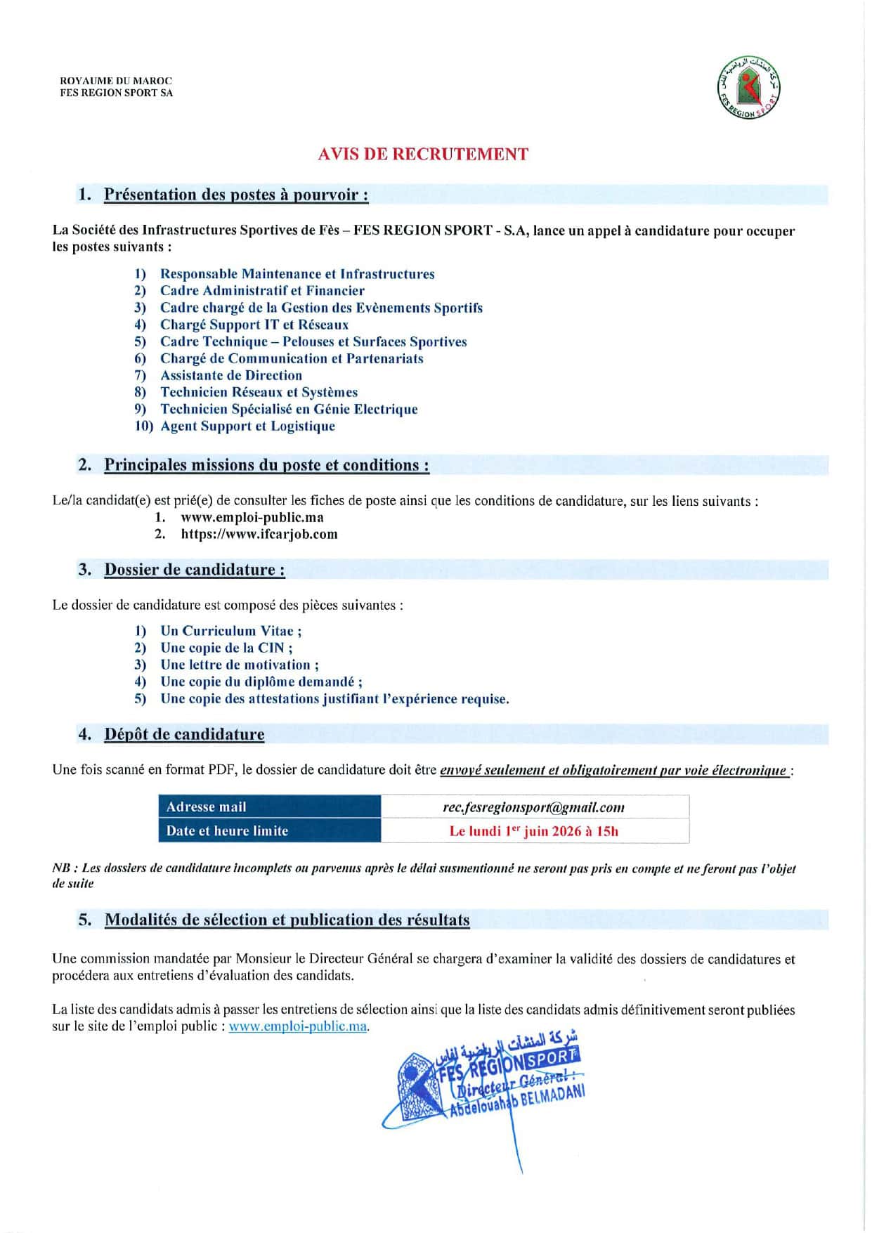 Concours de Recrutement Société des Infrastructures Sportives de Fès 2026